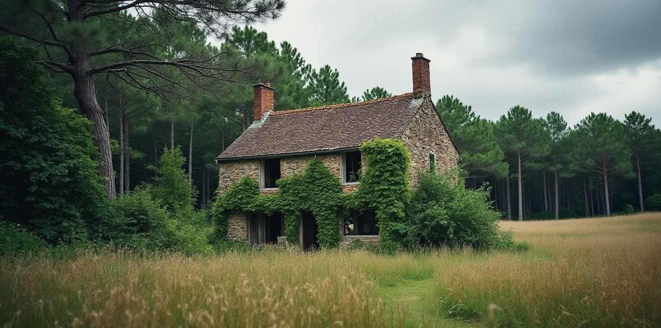 Ancienne ferme en pierre envahie par le lierre en lisière de forêt