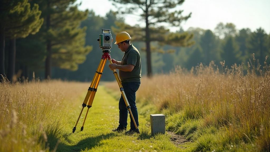 Géomètre mesurant la limite d’un terrain en lisière de pinède