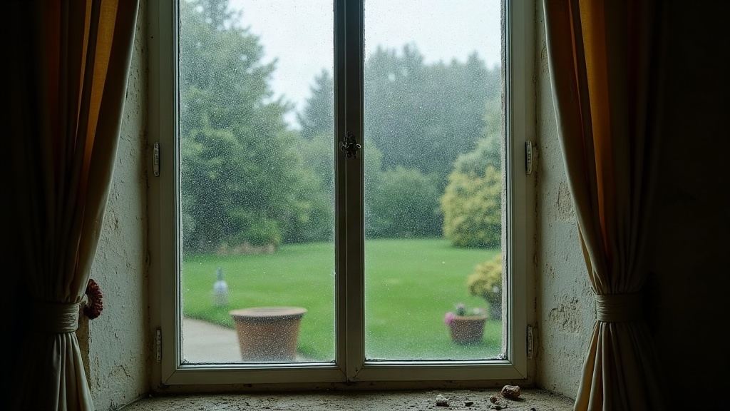 Buée sur la vitre d’une maison ancienne en pierre