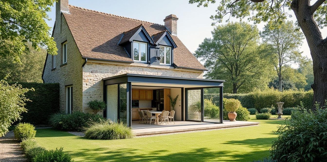 Véranda ajoutée à une maison ancienne en pierre